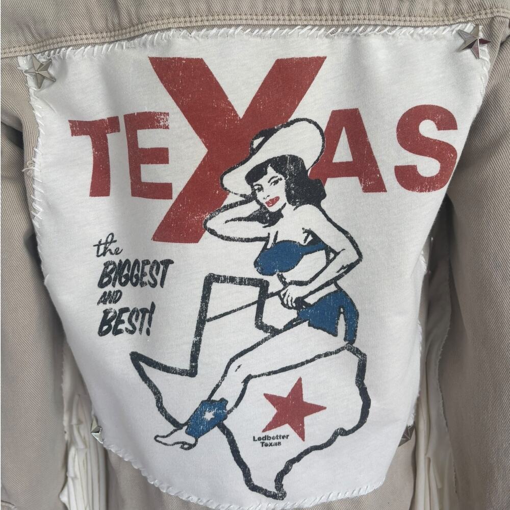 Upcycled Texas Americana Distressed Fringe Denim Shacket Jacket Western S Tan - Picture 5 of 12